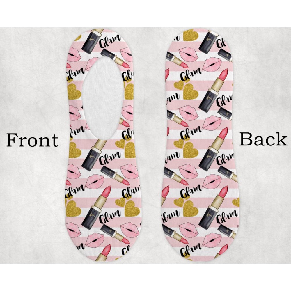 Women's Girls Pink Glam Lipstick Gold Hearts Makeup Design No Show Socks